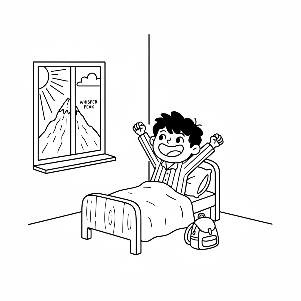 Pip wakes up with a big smile. Today is the day for a grand adventure! He heard whispers of a special Sparkle Flower high on Whisper Peak.