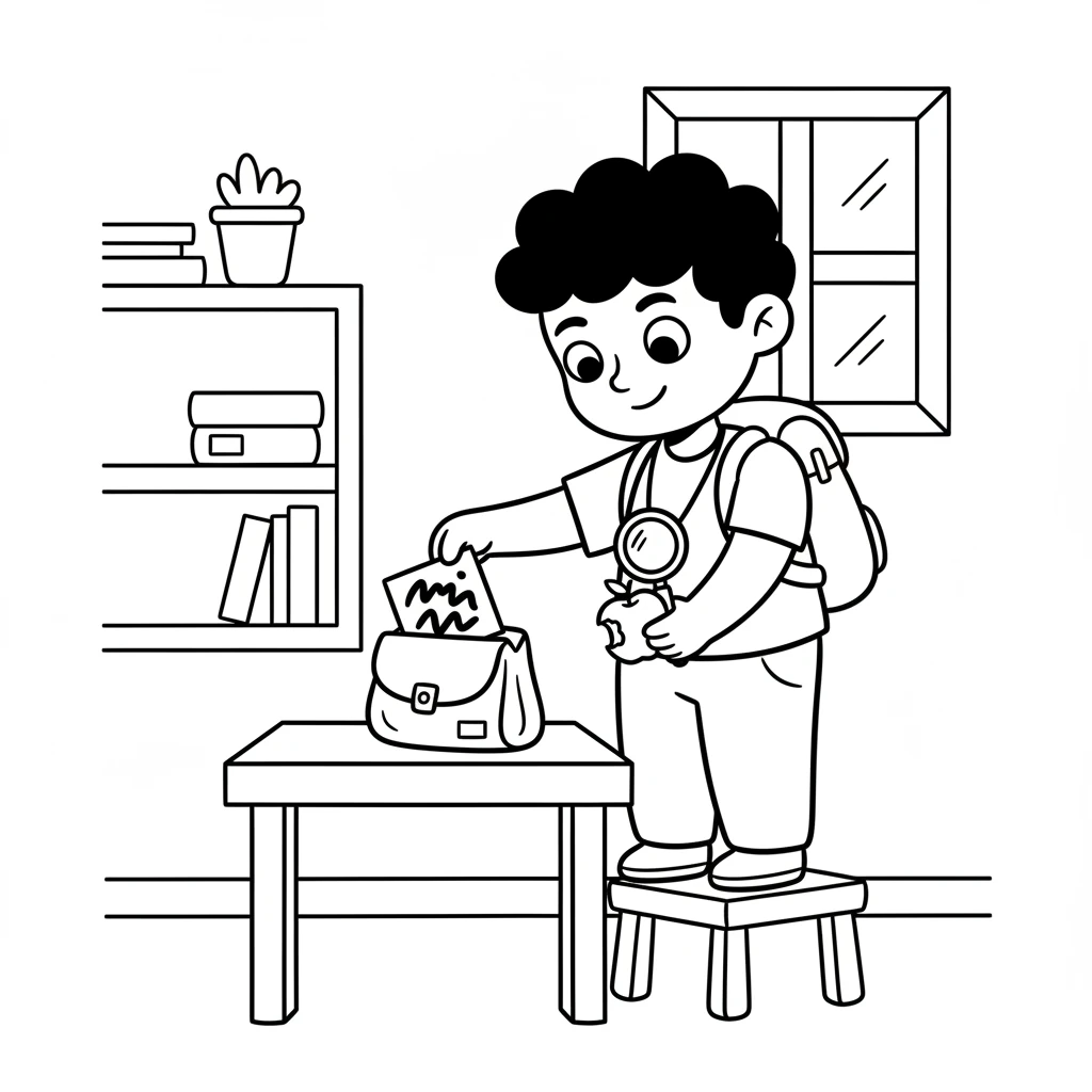 Pip packs a tiny bag. Inside goes a map with squiggly lines and a crunchy apple for a snack. He is ready for anything!