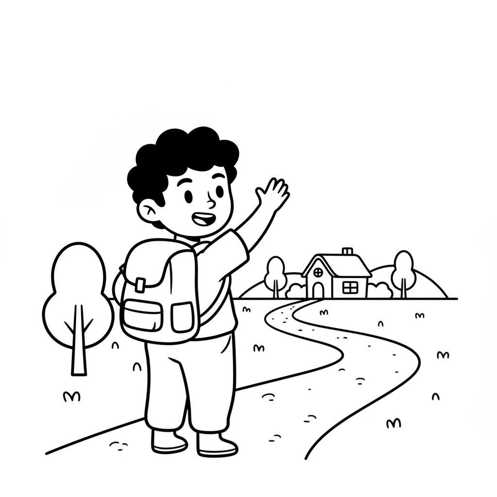 Pip waves goodbye to his cozy little house. He steps onto a winding path, excited for what he might find. The path stretches far ahead.