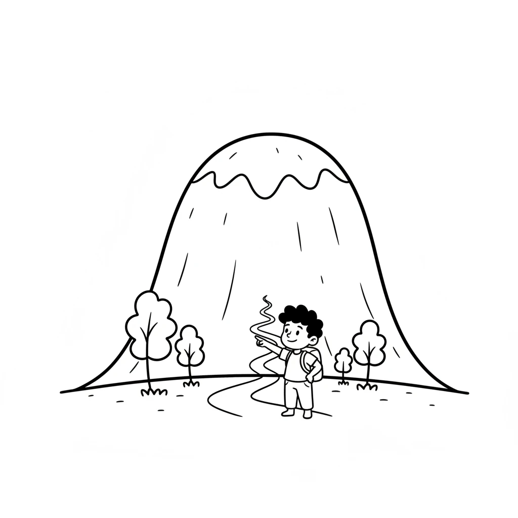 Soon, Pip arrives at the base of Whisper Peak. It is a tall, rounded mountain with a few simple trees. It looks very high, but Pip is brave!
