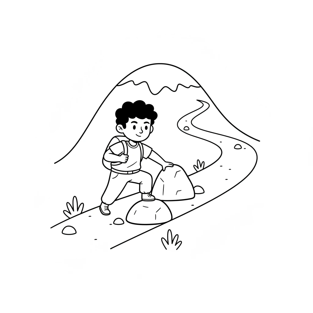 Pip begins to climb, one careful step after another. The path winds around the mountain. He feels strong as he goes higher and higher.