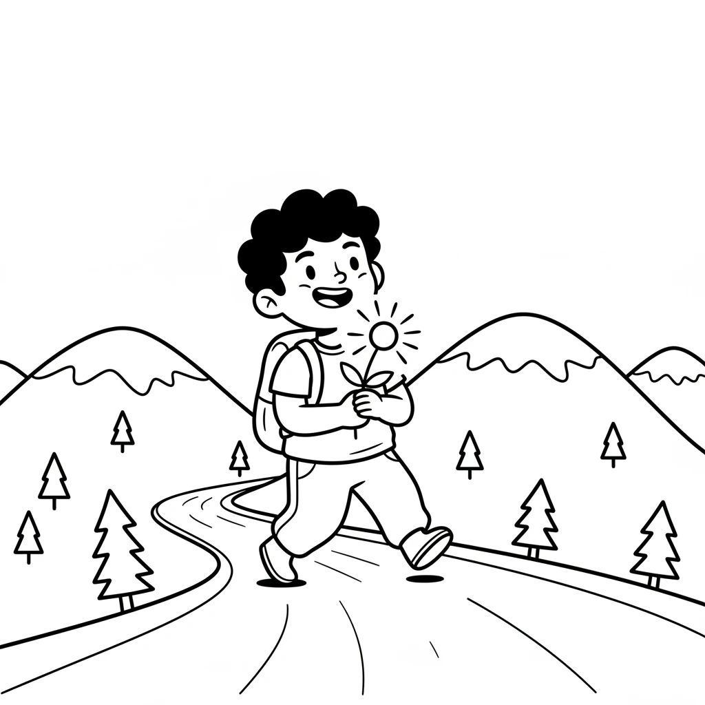 With the glowing flower safe, Pip starts his journey back down the mountain. He feels proud and joyful. The path seems easier now.