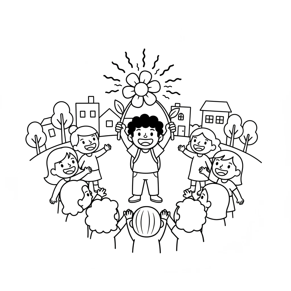 Pip returns to his town, holding the glowing Sparkle Flower high. Everyone gathers to see the special bloom. They are so happy!