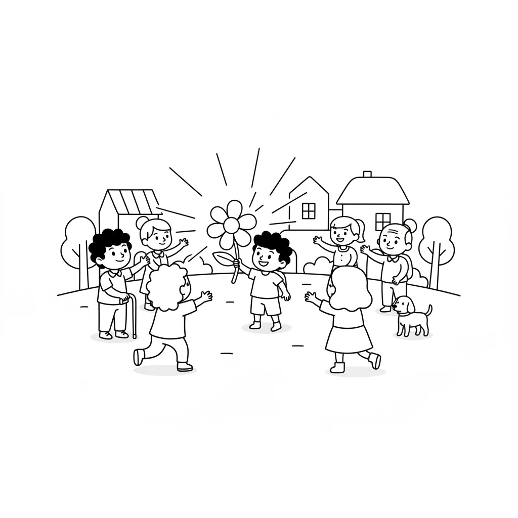 The town glows with the Sparkle Flower's magic. Pip shares its light, and everyone feels warm and joyful. It was a wonderful adventure!