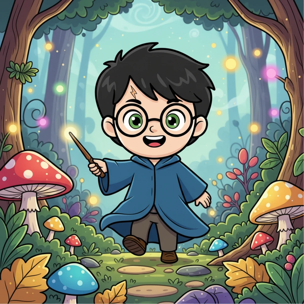 אורן הקוסם הצעיר, עם גלימתו הכחולה המרחפת ומשקפיו העגולים, נכנס ליער הקסום. פרחים זוהרים הארו על שביל העלים, ופטריות ענקיות שימשו לו כנקודות ציון. הוא נראה סקרן ונרגש, מוכן לכל הרפתקה שתבוא.