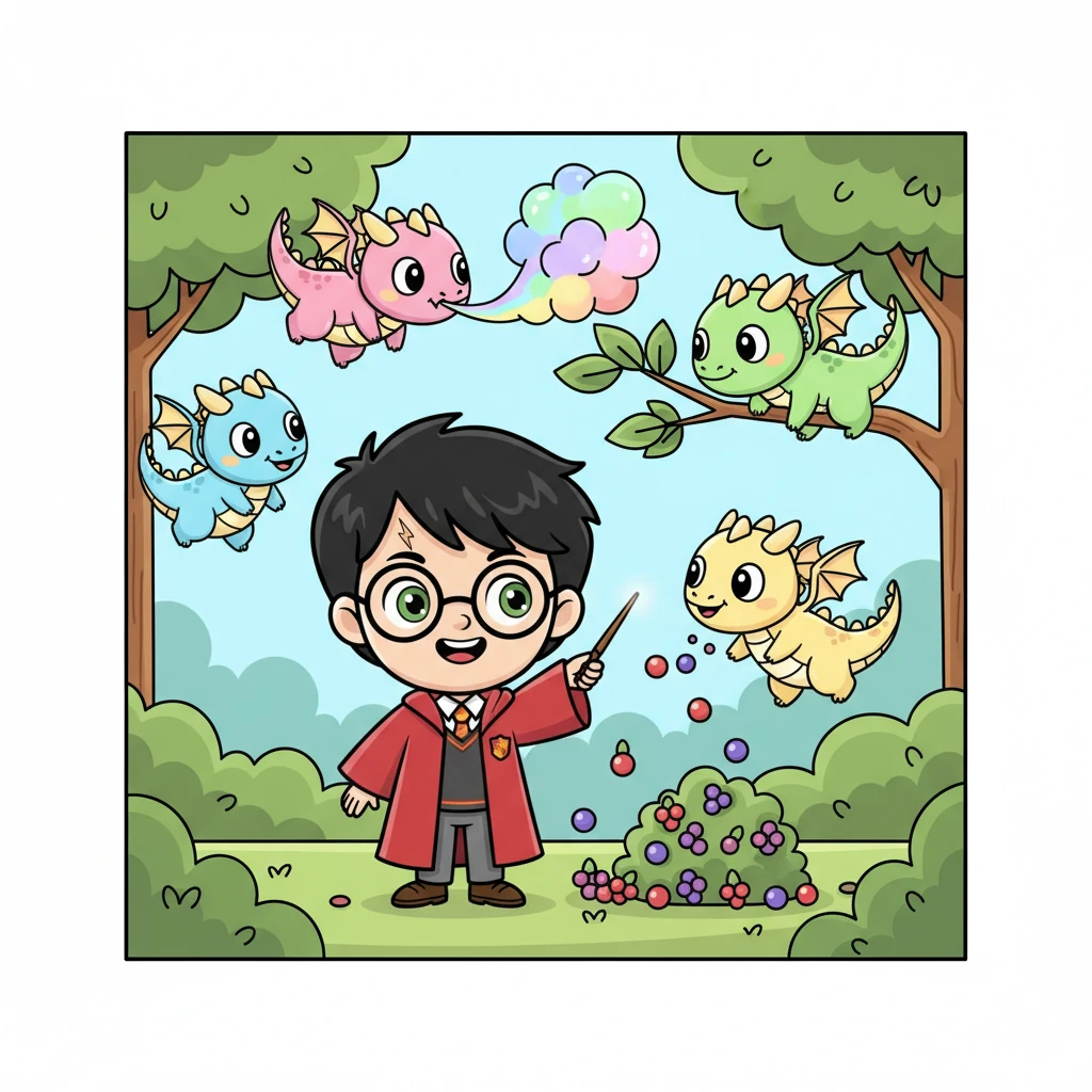 פתאום, הוא שמע צחקוקים שובבים וראה קבוצה של דרקונים קטנים עם קשקשים בצבעי סוכריות. הדרקונים התעופפו סביב, מנשפים עשן צבעוני ומפילים גרגרי יער מהעצים, יוצרים בלגן קטן אך חמוד. הם נראו יותר שובבים ממרושעים.