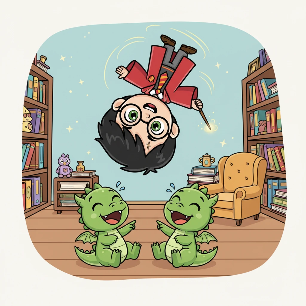 הוא ניסה לחש פשוט, 'לרחף למעלה, לרחף למטה!', במטרה להרים את הדרקונים בחזרה למקומם. אך במקום זאת, הוא עצמו החל לרחף באוויר, מסתובב בצורה מצחיקה. הדרקונים צחקקו עוד יותר למראהו המשתלשל.