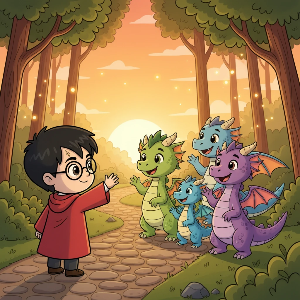 כשהשמש החלה לשקוע, אורן נפרד מהדרקונים המאושרים. היער הקסום שב לשלוותו, אך הפעם הוא היה מלא באנרגיה ידידותית. הדרקונים נופפו לו לשלום במבט של הכרת תודה, מבטיחים לשמור על הסדר עד לפעם הבאה.