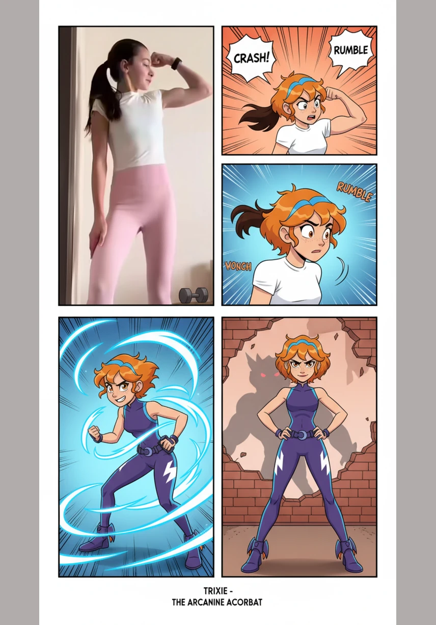 Trixie stands before the full-length mirror, looking at her reflection with a disappointed sigh. She examines her slender arms and feels small, convinced that she lacks the strength she truly desires.