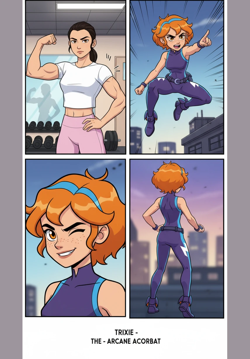 After finishing a set of regular pushups, Trixie realizes they have become far too easy for her to perform. She expertly kicks her feet up into a handstand against the wall and begins doing challenging handstand pushups with impressive control.