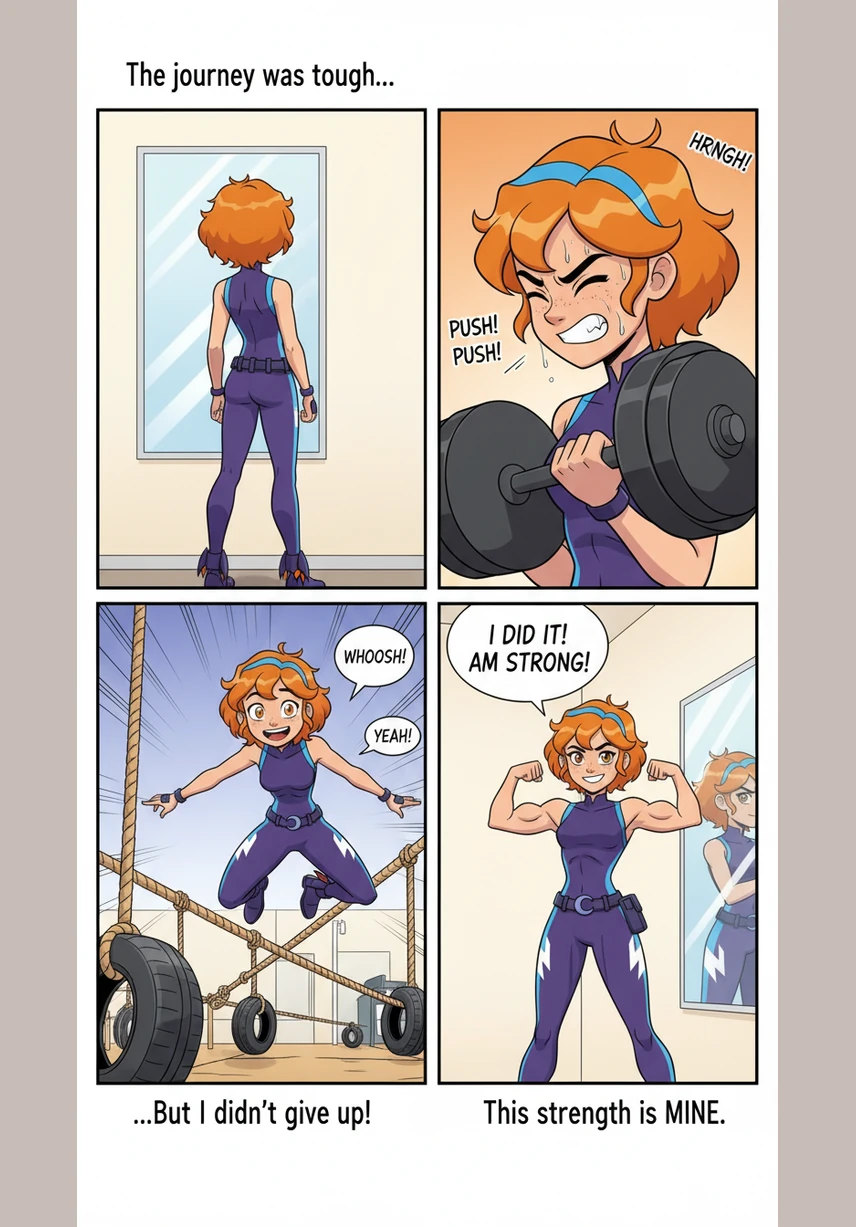 Trixie stands tall and confident, her muscles toned and her spirit soaring with a sense of accomplishment. She looks at her reflection once more, now proud of her strength and the dedication that helped her push past her limits.