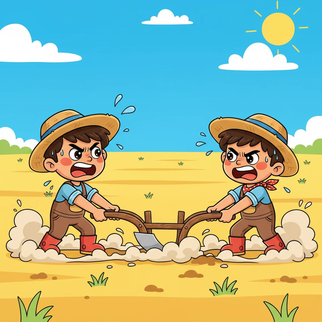 Pedro y Pablo, dos hermanos con mejillas rojas y ceños fruncidos, tiran de un arado de madera en direcciones opuestas en un campo soleado. Una nube de polvo se levanta alrededor de sus pies mientras discuten en voz alta sobre quién debe guiar el arado. Sus expresiones son exageradamente cómicas, con gotas de sudor volando.