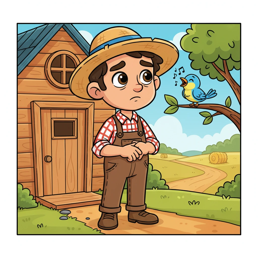 Don Fernando, un labrador de aspecto amable con un sombrero de paja y una camisa de cuadros, observa a sus hijos desde la entrada de su granja. Su rostro, aunque sonriente, muestra un toque de tristeza y frustración. Un pájaro canta alegremente en un árbol cercano, contrastando con el ambiente tenso de los hermanos.