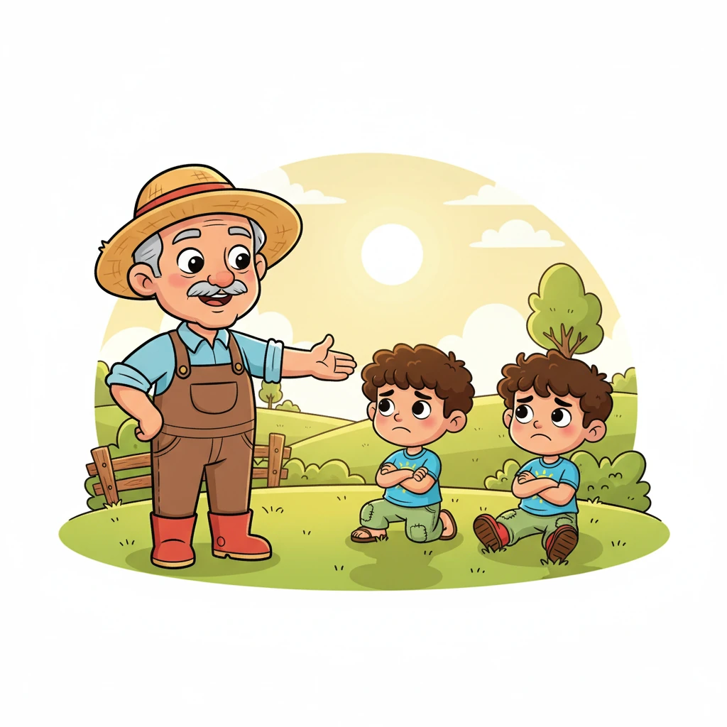 Con una expresión determinada pero cariñosa, Don Fernando llama a Pedro y Pablo, que están sentados en el suelo, dándose la espalda. Los hermanos se levantan lentamente, con los brazos cruzados y una mueca de disgusto en sus rostros. El sol brilla sobre ellos, iluminando el momento de la lección inminente.