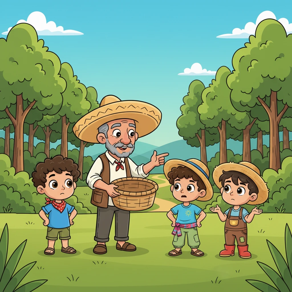 Don Fernando les da una cesta grande y señala un frondoso bosque verde en la distancia, lleno de árboles altos y un camino serpenteante. Les pide que recojan un manojo de leña. Los hermanos, aunque perplejos, asienten con la cabeza, cada uno mirando al otro con recelo.