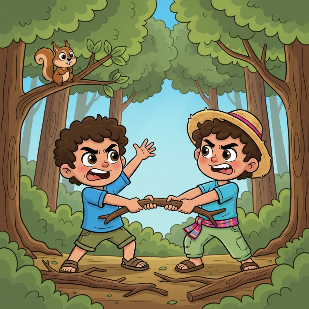Dentro del bosque, Pedro y Pablo compiten ferozmente, cada uno recogiendo ramas gruesas con entusiasmo exagerado. Una ardilla los observa desde un árbol, con los ojos muy abiertos. De repente, ambos agarran la misma rama, provocando otra divertida disputa con caras rojas y manos agitadas.
