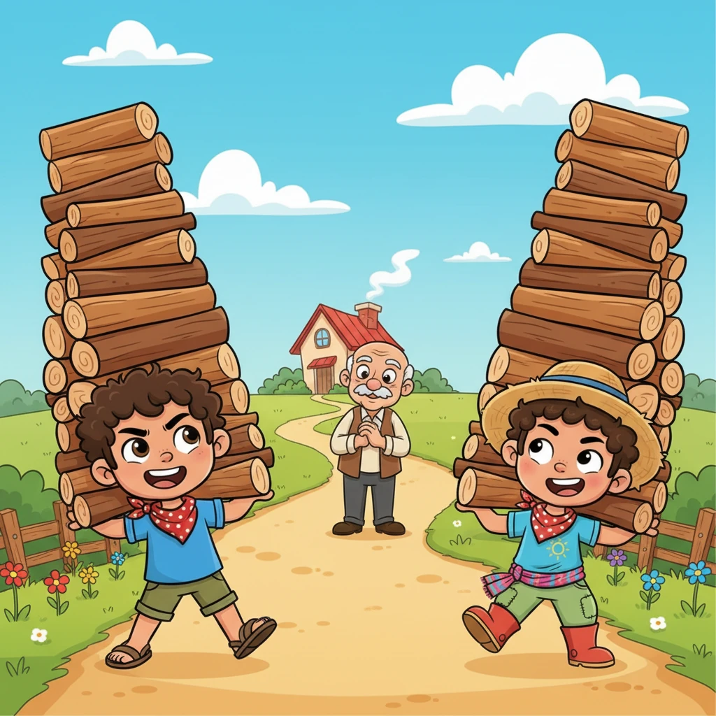 Los hermanos regresan a la granja, cada uno con una pila de leña tan alta que apenas pueden ver por encima de ella. Caminan con un aire de superioridad, lanzándose miradas competitivas. Don Fernando los espera con una sonrisa suave, sabiendo lo que viene.