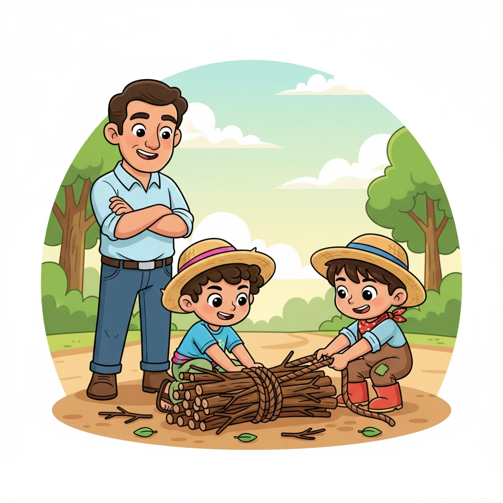 Don Fernando les pide que junten todas las ramas y las aten fuertemente con una gruesa cuerda. Con un poco de esfuerzo y alguna que otra protesta, Pedro y Pablo forman un haz grande y apretado. El padre les observa con una expresión de anticipación.