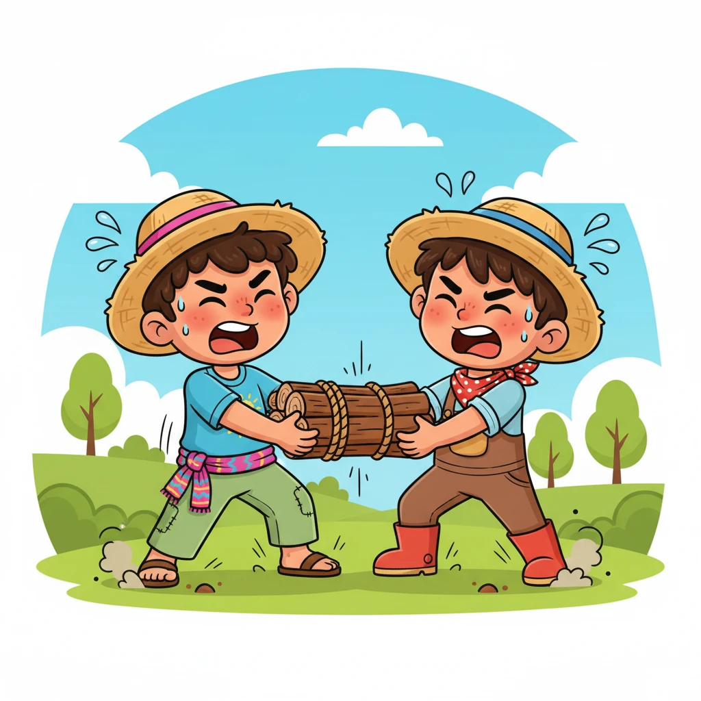 Con todas sus fuerzas, Pedro y Pablo intentan romper el haz de leña. Sus músculos se tensan, sus caras se ponen rojas y sus pies patalean en el suelo. A pesar de todos sus esfuerzos combinados, el haz permanece intacto, fuerte e inquebrantable. Gotas de sudor vuelan por el aire.