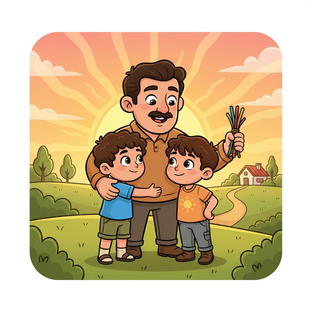 Don Fernando abraza a sus hijos, que ahora se miran el uno al otro con una nueva comprensión en sus ojos. El padre explica que, como el haz de varas, son invencibles si permanecen unidos. Un cálido sol de atardecer ilumina la escena, simbolizando la nueva armonía.