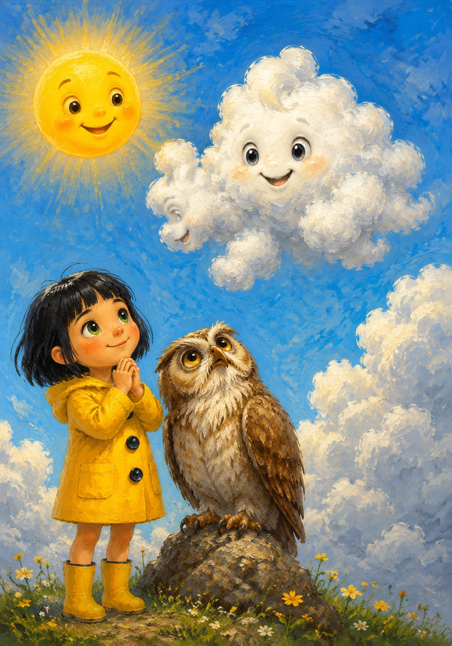 Cirrus is a small, fluffy white cloud with a friendly face, drifting lazily through a brilliant blue sky. While the bigger clouds gather to work, Cirrus prefers to stay light and airy, reshaping himself into funny animals to make the sun smile.