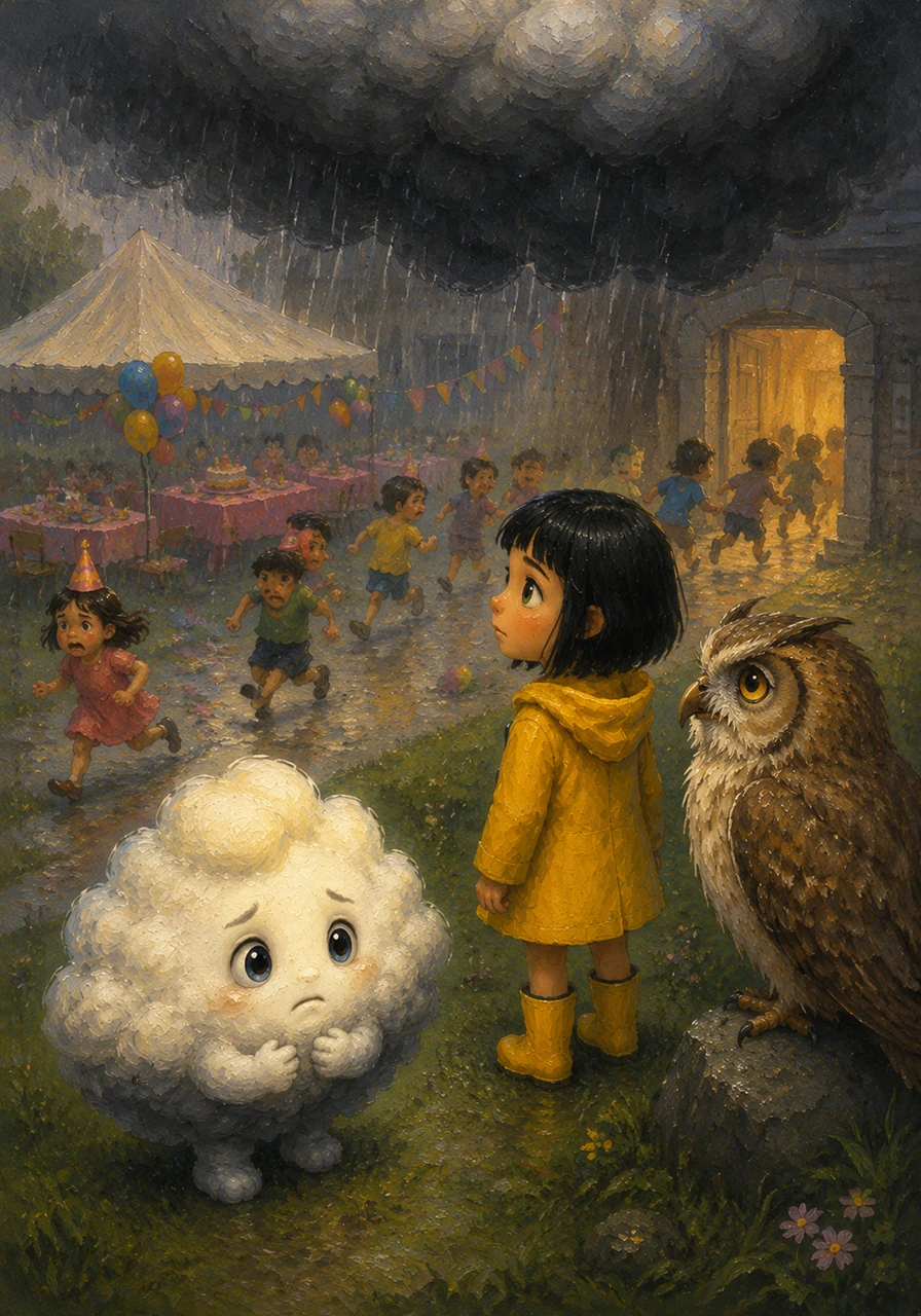 One afternoon, Cirrus watches a dark storm cloud drench a birthday party, sending children running indoors with disappointed faces. He shivers at the sight and promises himself that he will never turn gray or make anyone feel damp and cold.