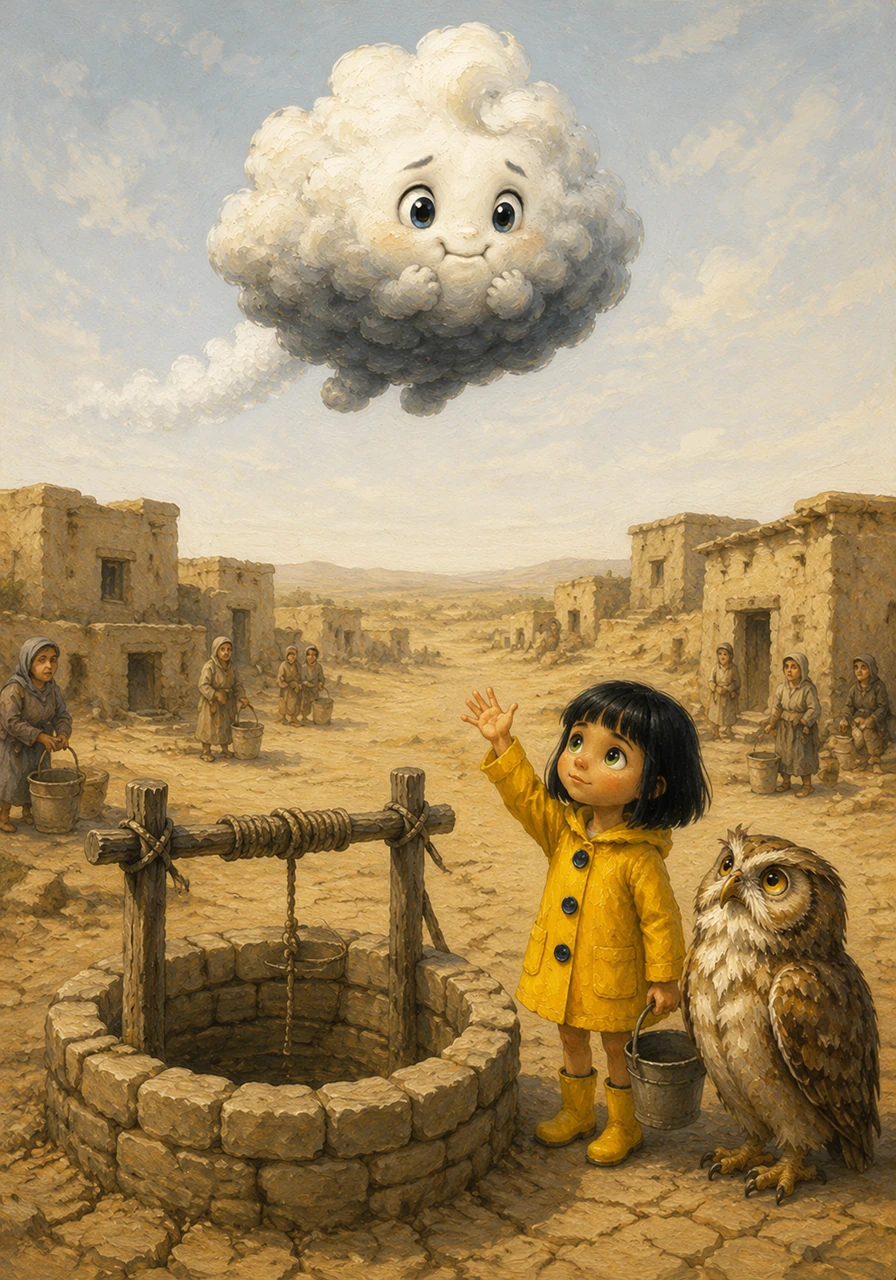 As the weeks pass, Cirrus travels across vast plains, always holding his breath to keep from growing heavy. He passes over a dusty village where the wells are dry, but he is too afraid of being the bad guy to let a single drop fall.