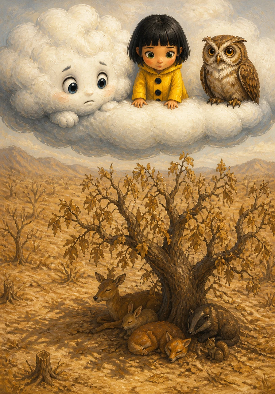 The world below begins to change, losing its vibrant greens and turning a parched, brittle brown. Cirrus looks down at a forest where the leaves are curling up and the animals are huddling in the shade, looking exhausted by the heat.
