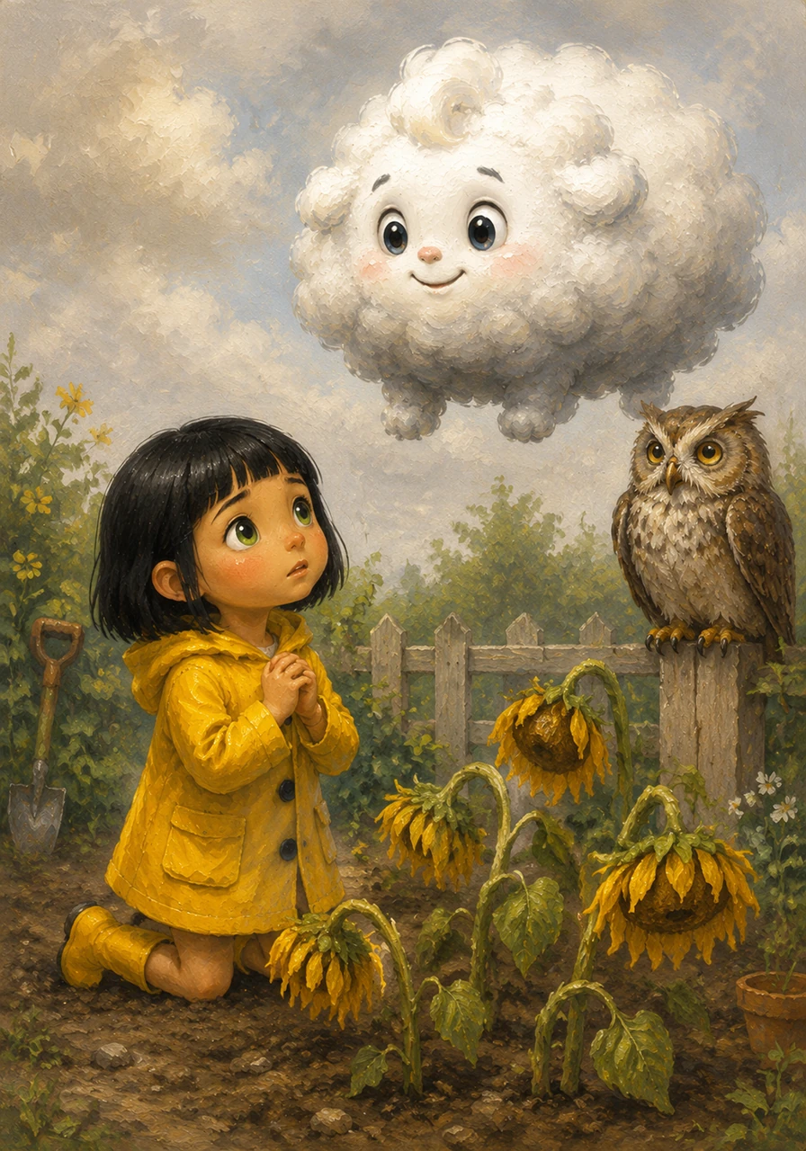 Cirrus hovers over a small garden where a young girl is kneeling by a patch of drooping sunflowers. She sighs and looks up at him with hopeful eyes, but Cirrus just puffs himself out, trying to look like a harmless white sheep.