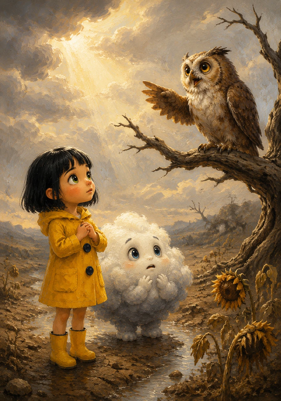 A wise old owl perched on a withered branch looks up and tells Cirrus that the earth is thirsty for his kindness. Cirrus realizes that his fear of being hated is actually hurting the things he loves, and he finally understands that rain is a gift.