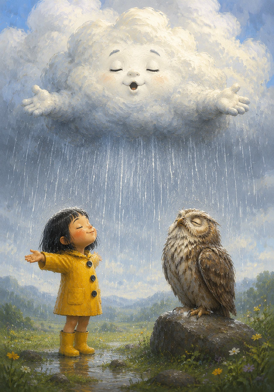 Taking a deep breath, Cirrus stops fighting his weight and allows himself to expand across the sky. He lets out a soft rumble of courage and begins to release a gentle, cooling mist that turns into a steady, rhythmic rainfall.