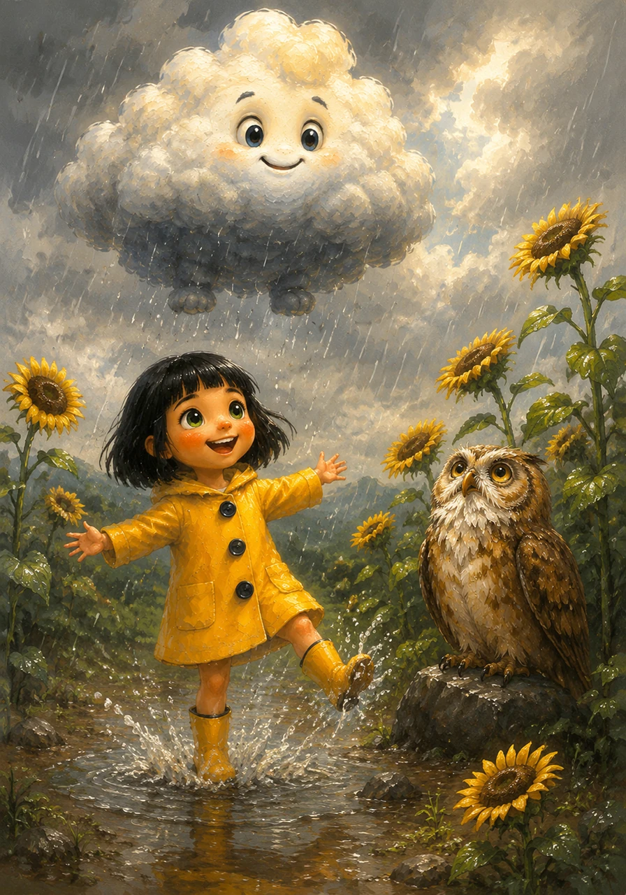 The transformation is magical as the parched earth drinks deeply and the scent of fresh rain fills the air. Below, the little girl splashes joyfully in the new puddles, and the sunflowers slowly lift their golden heads toward the gray sky.