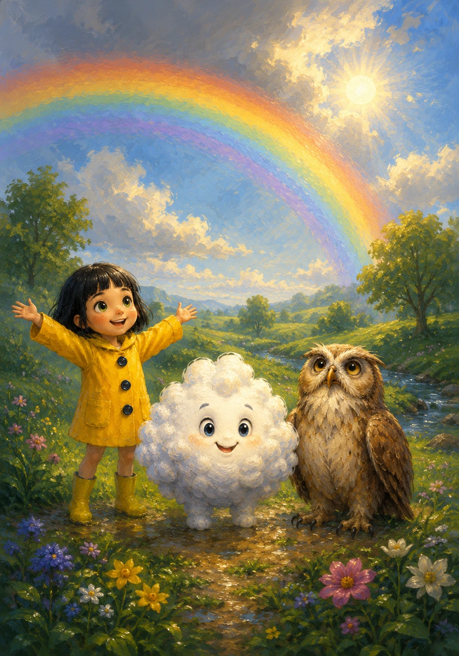 As the sun peeks through the thinning clouds, a magnificent rainbow arches over the revitalized landscape. Cirrus, now small and white again, feels lighter than ever, knowing that he has brought life and laughter back to the world.