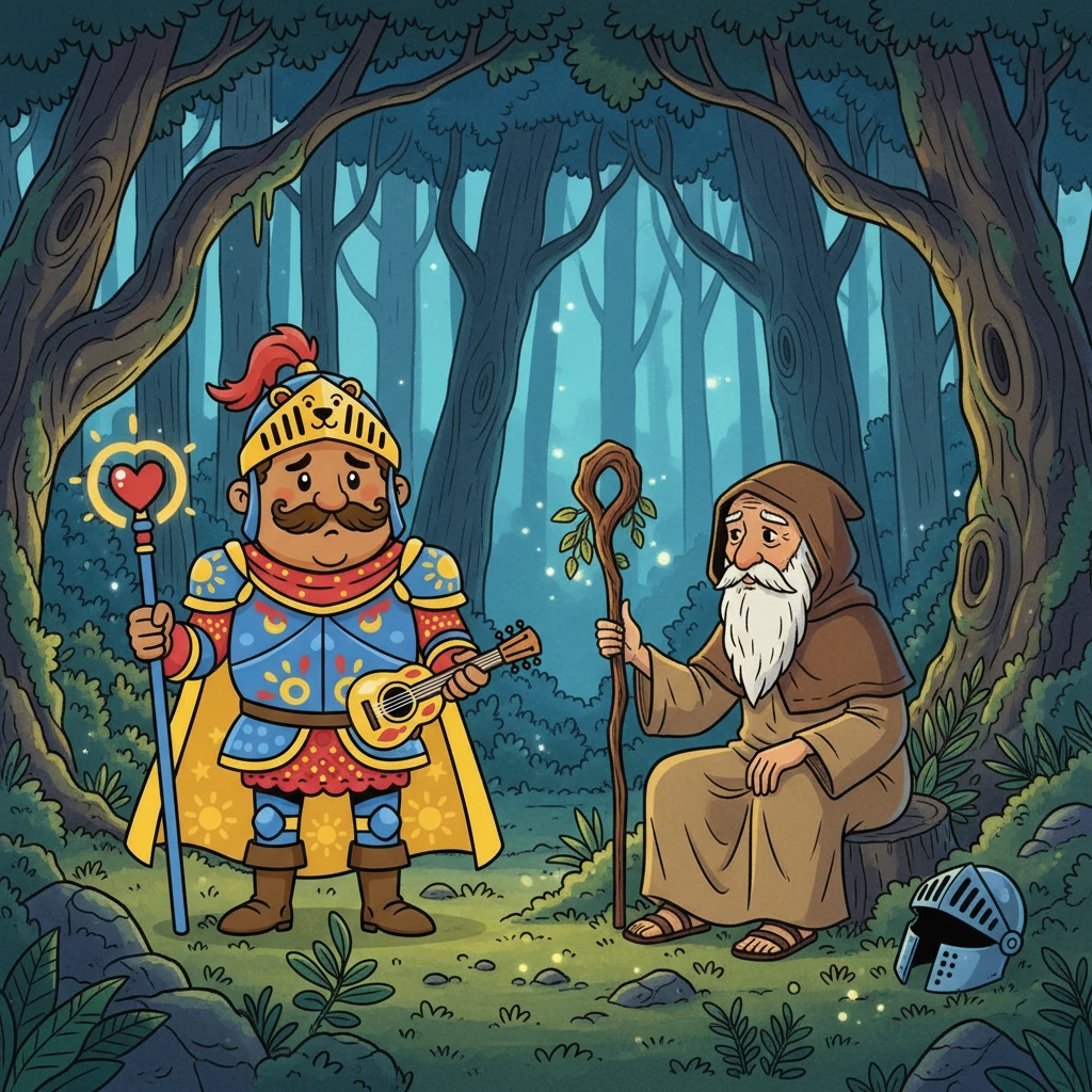 En su desesperación, Sir Ricardo se adentró en un bosque misterioso, buscando ayuda y respuestas. Encontró un viejo ermitaño sabio que le habló de la importancia de la humildad y la conexión con la naturaleza. El ermitaño le explicó que la armadura representaba su ego y debía despojarse de ella para encontrar la verdadera libertad.