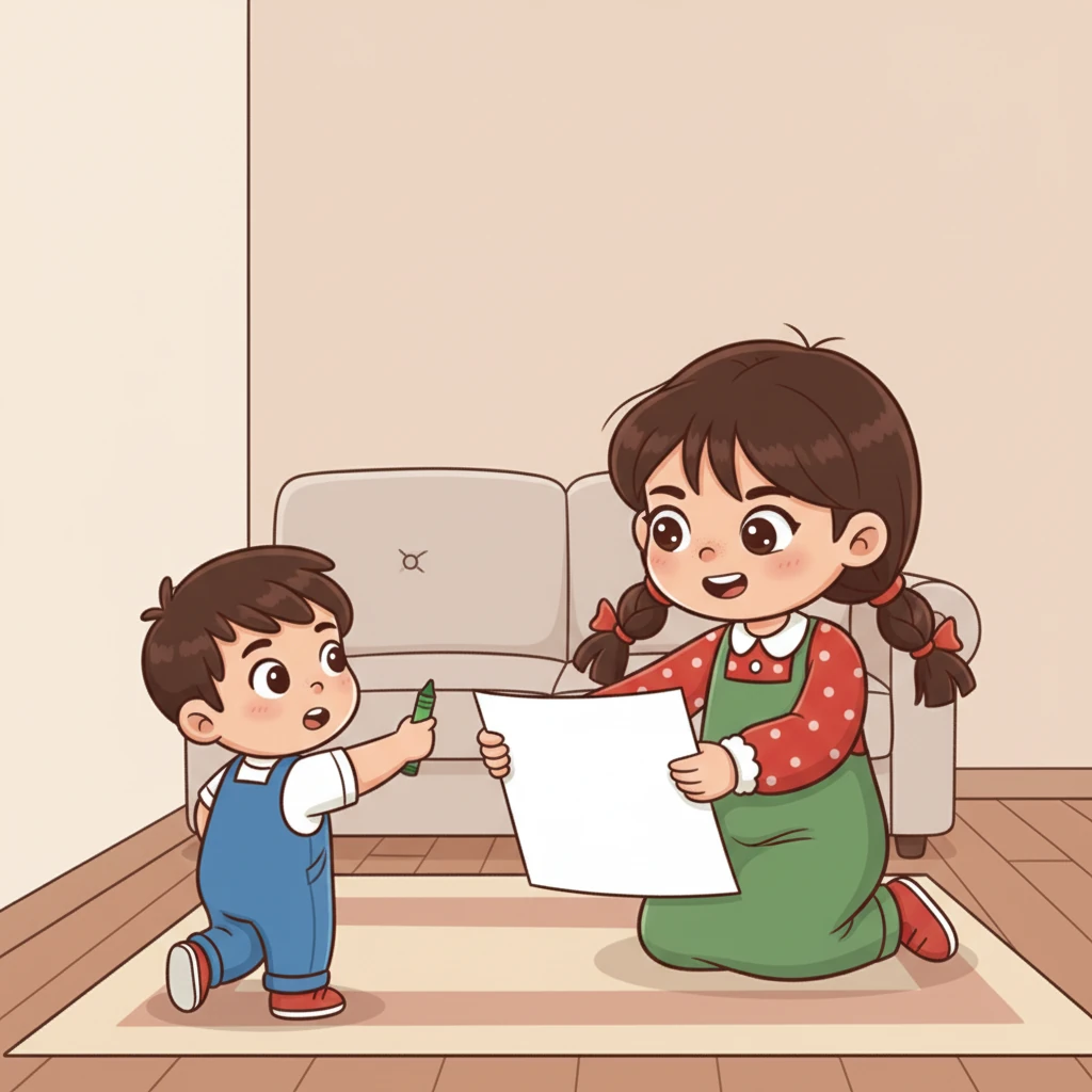No dia seguinte, Clarinha viu seu irmãozinho, Léo, prestes a desenhar com giz de cera na parede da sala. Rapidamente, ela o impediu com um sorriso e mostrou-lhe um grande papel em branco, sugerindo que desenhassem ali.