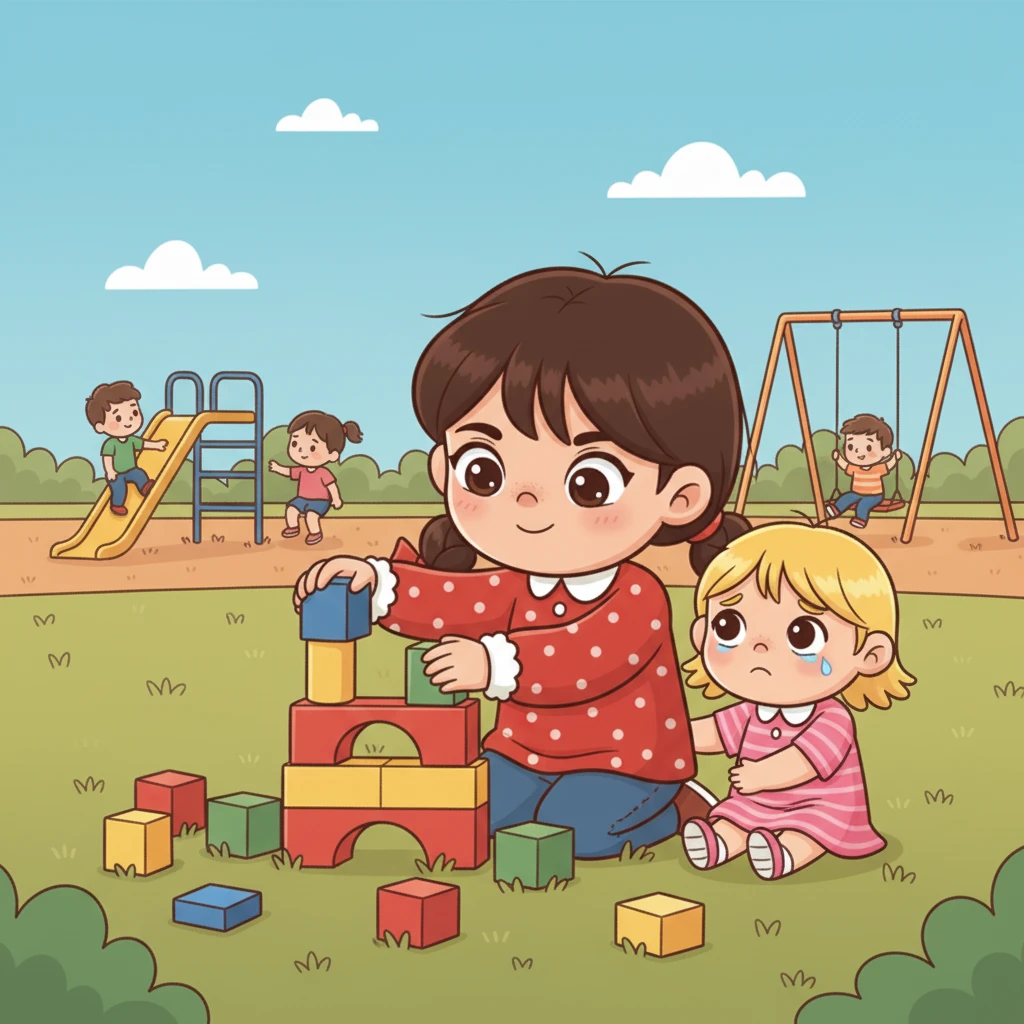 Na escola, durante o recreio, a torre de blocos de sua amiga caiu, deixando-a triste. Clarinha correu para ajudar, juntando os blocos e reconstruindo a torre com paciência e um abraço de conforto.