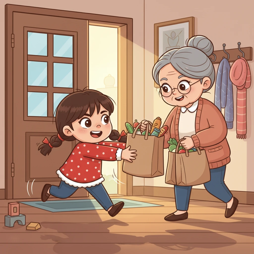 À tarde, sua avó chegou em casa com sacolas pesadas do mercado. Embora quisesse brincar, Clarinha largou seus brinquedos e correu para ajudar a carregar as compras, sentindo um calorzinho bom no coração.