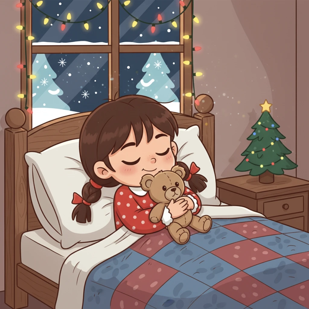 Finalmente, era véspera de Natal! Clarinha foi para a cama, deitada entre seus cobertores quentinhos, sentindo uma mistura de ansiedade e esperança. Ela fechou os olhos, imaginando a magia da noite.