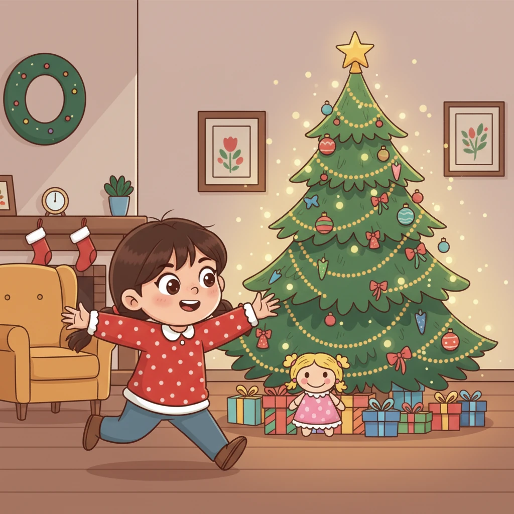 Na manhã de Natal, Clarinha correu para a árvore com o coração batendo forte. E lá estava ela! Uma linda boneca com um vestido rosa e cachos dourados, exatamente como ela havia desenhado em sua carta.