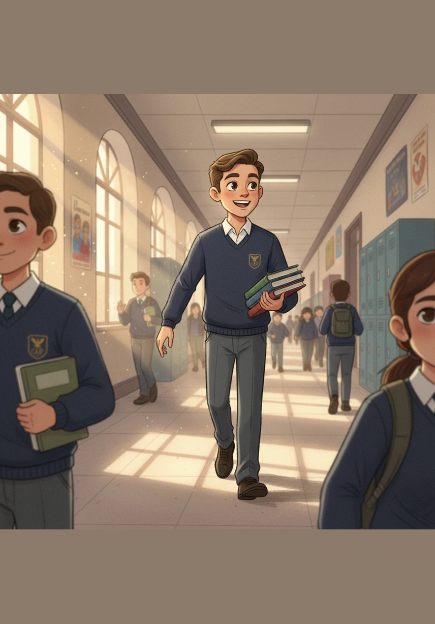 Musy camina con entusiasmo por los pasillos del Colegio Americano de Puebla, cargando sus libros de Español hacia el salón de la maestra Brenda. El sol brilla a través de las ventanas mientras se prepara para un nuevo día de aprendizaje y creatividad.