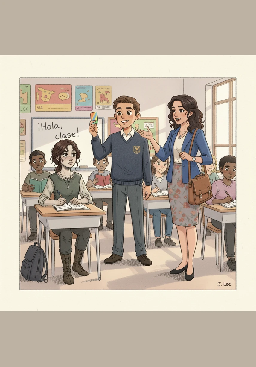 En el salón de clases, Musy y sus compañeros trabajan rápidamente convirtiendo un cuento en una obra de teatro. Con solo entender el contexto, las palabras fluyen y los diálogos de los personajes cobran vida de manera divertida y sencilla.