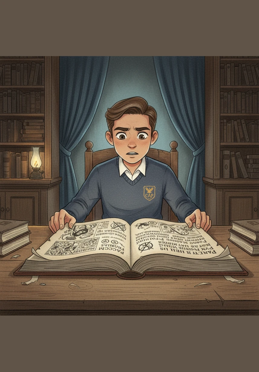 Musy abre el libro sobre el pacto con el diablo, esperando ver batallas épicas y enfrentamientos sobrenaturales. Sin embargo, su rostro muestra decepción al descubrir que la historia trata sobre realidades sociales tristes en lugar de acción fantástica.