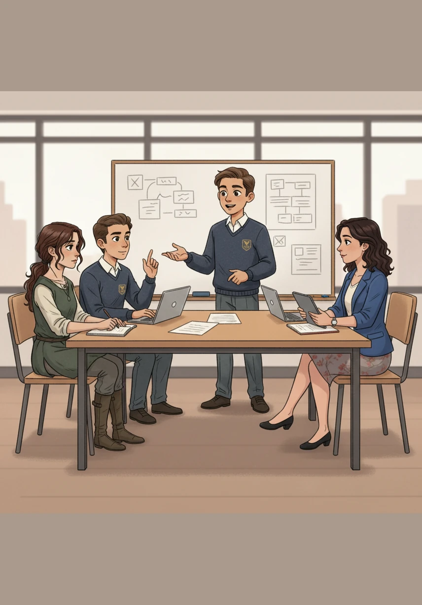 Durante el trabajo en equipo, Musy lidera la conversación con claridad y respeto, aplicando sus habilidades de comunicación. Sus compañeros lo escuchan con atención mientras él aporta ideas valiosas que fortalecen el proyecto grupal.