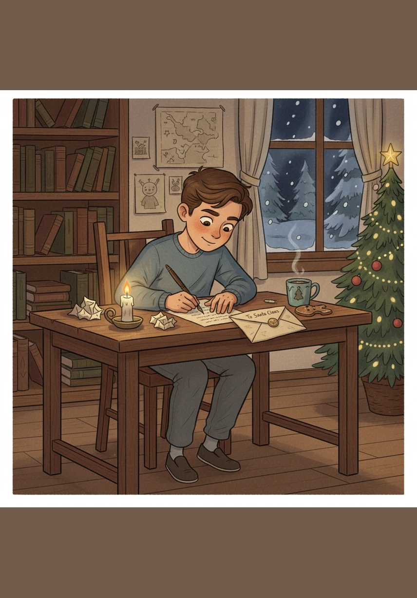 Sentado en su escritorio de casa, Musy escribe una carta con una caligrafía cuidadosa, practicando para enviársela a Santa Claus. Se da cuenta de que escribir cartas es la herramienta más útil que ha aprendido para expresar sus sentimientos y combatir el aburrimiento.