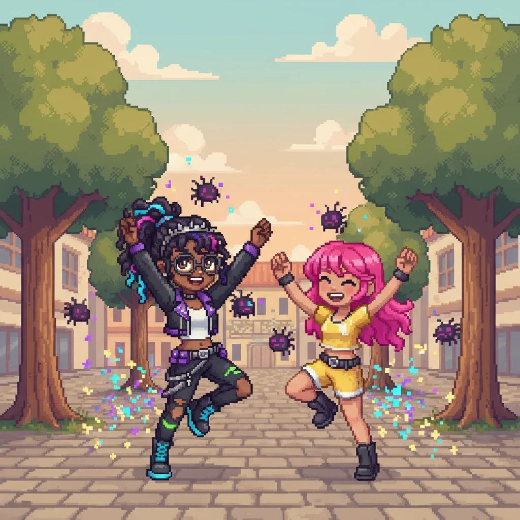 Leo and Maya were excited! They practiced their new joyful Kpop moves together. Soon, a few more tiny gloom bugs appeared, but the friends danced with such energy, turning them into sparkly dust.