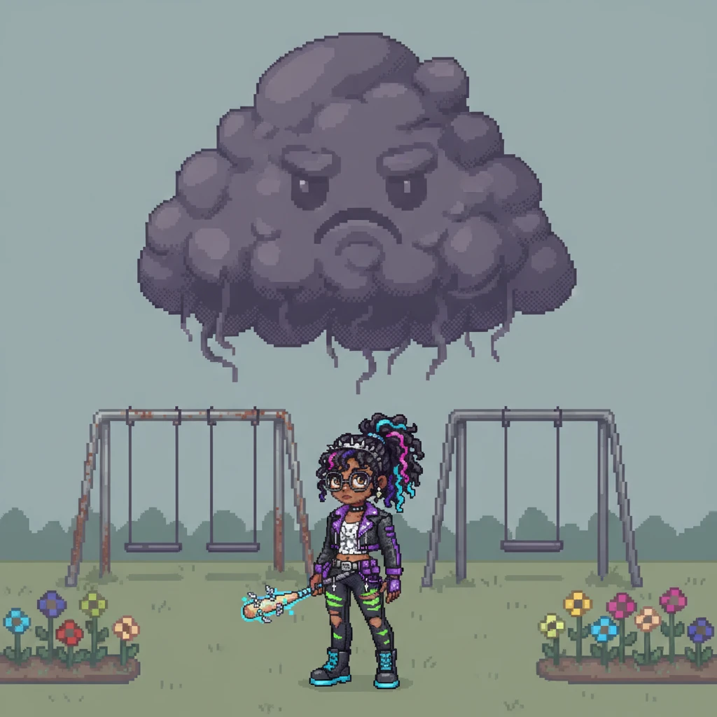 Later, at the park, a big, grumpy grumble monster appeared. It was a lumpy, dark cloud that made everyone feel sleepy and quiet. The playground swings stopped swinging, and the colorful flowers looked dull.