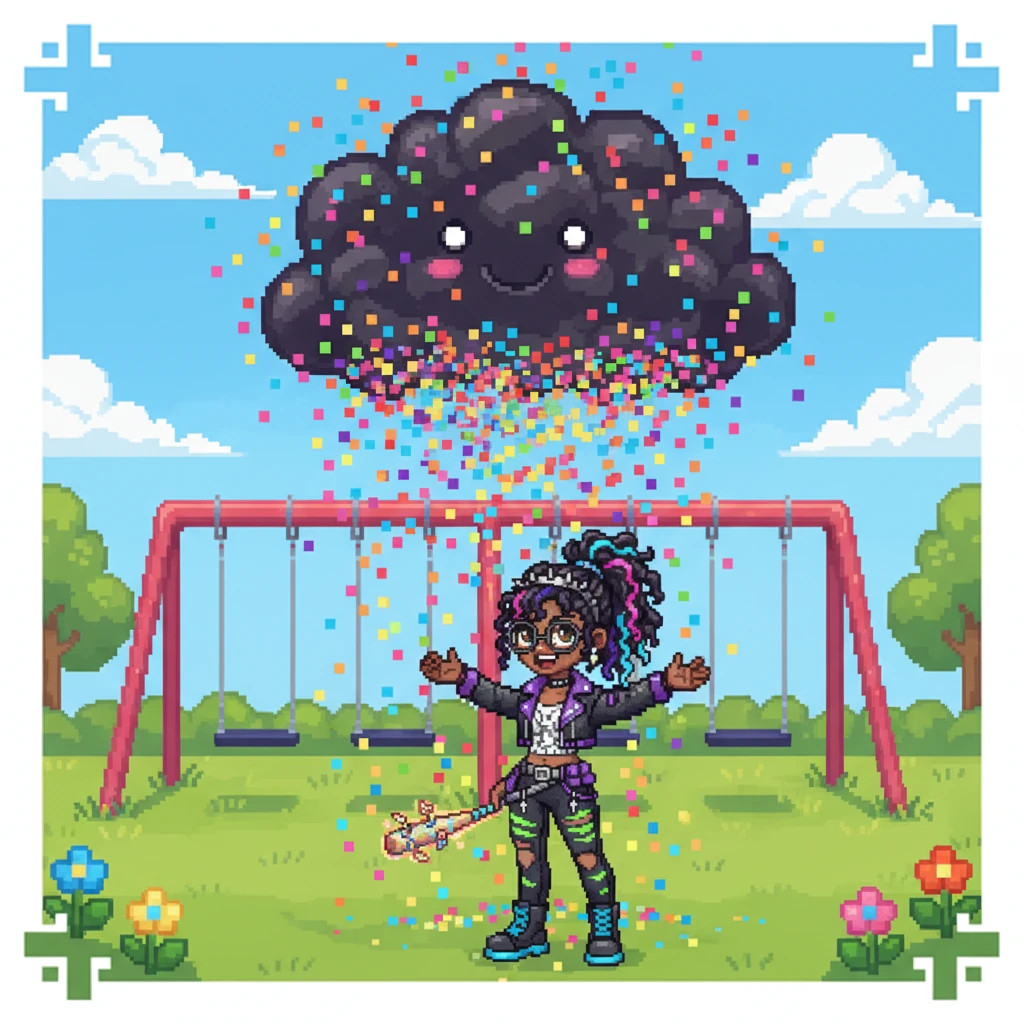 The grumble monster started to wiggle and shimmer. The dark cloud changed color, then burst into a shower of happy, colorful pixels that rained down like confetti. The swings started moving again, and the flowers brightened.