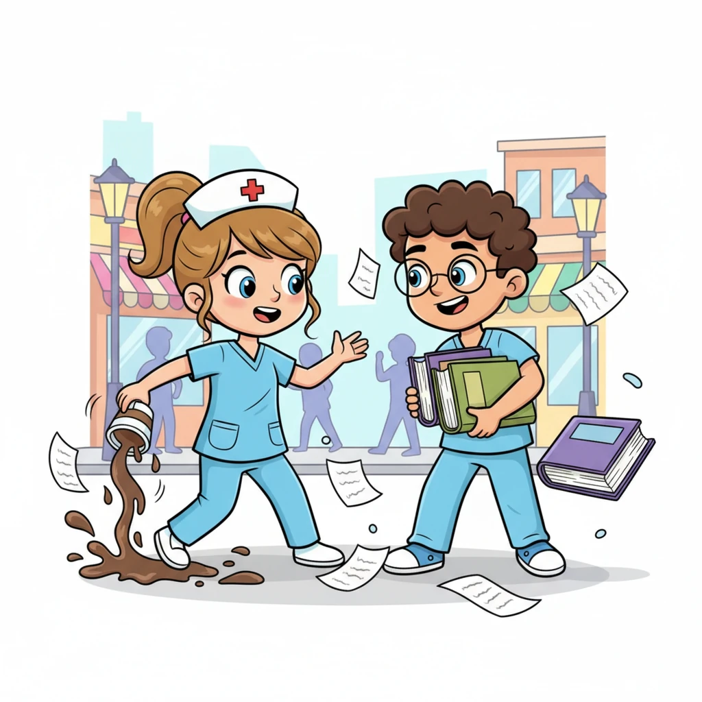 Beth, with her light brown hair tied back, hurried down the street, clutching a coffee cup. Suddenly, she bumped into Matt, a law student with a stack of books, sending papers scattering. Their eyes met, a playful spark igniting amidst the spilled coffee and scattered notes.