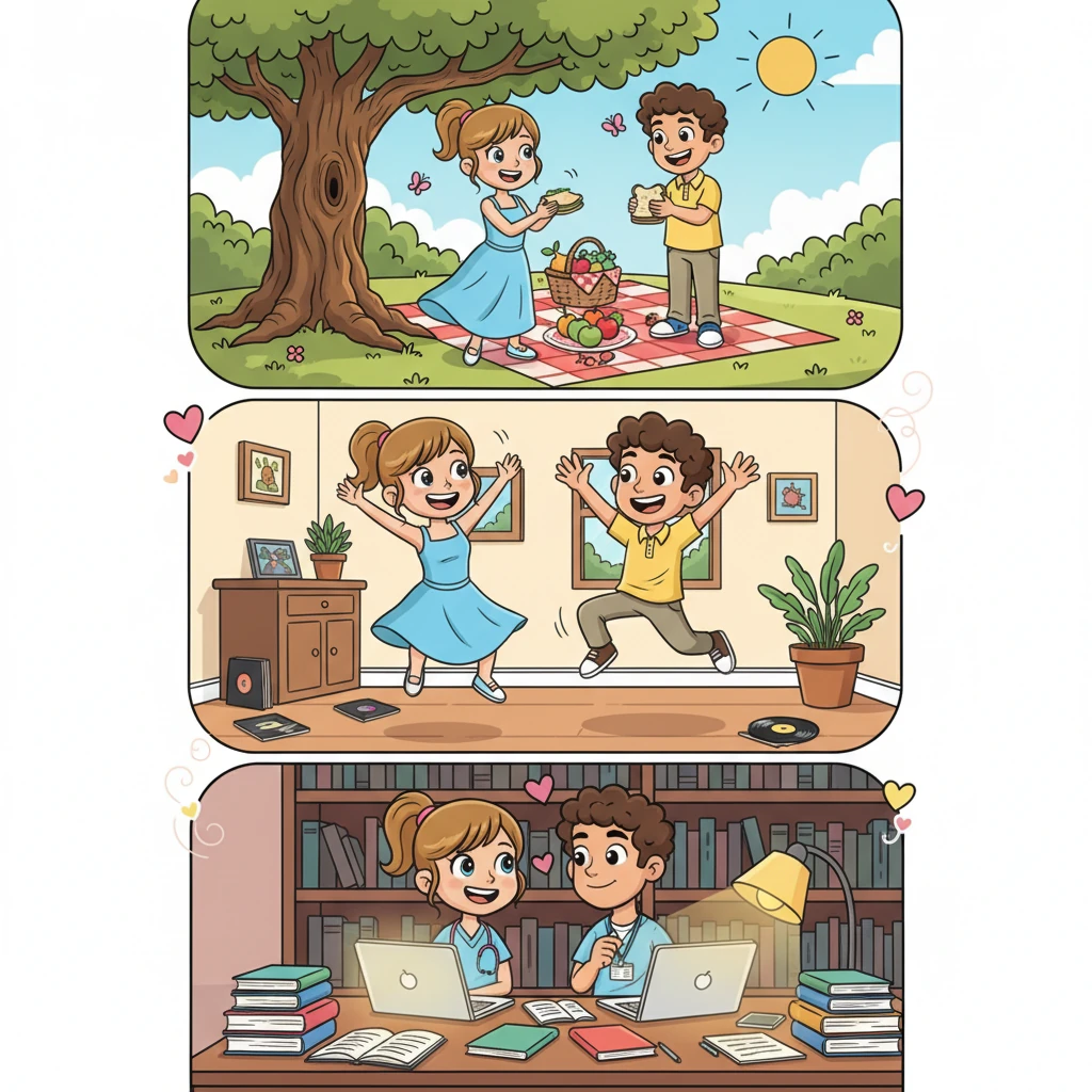 Their love blossomed through a series of delightful adventures: picnics under giant oak trees, silly dance-offs in Matt's tiny apartment, and quiet evenings studying side-by-side in the library. Each shared moment wove their hearts closer together. Beth found herself humming even on her busiest nursing shifts, thinking of Matt.