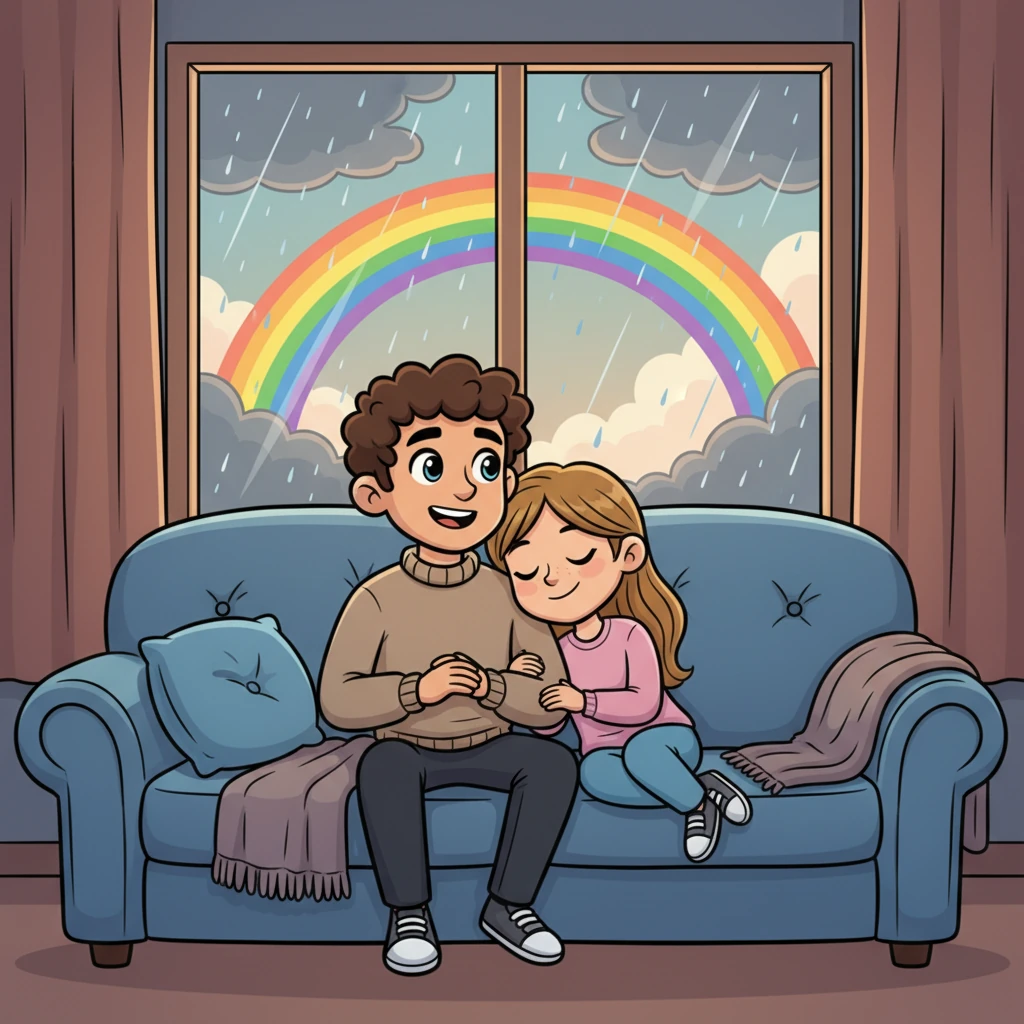 One rainy afternoon, curled up on a cozy couch, Matt confessed his deepest hopes for the future, and Beth, resting her head on his shoulder, realized she wanted all those dreams with him. A rainbow arched across the sky outside, mirroring the vibrant promise in their hearts.